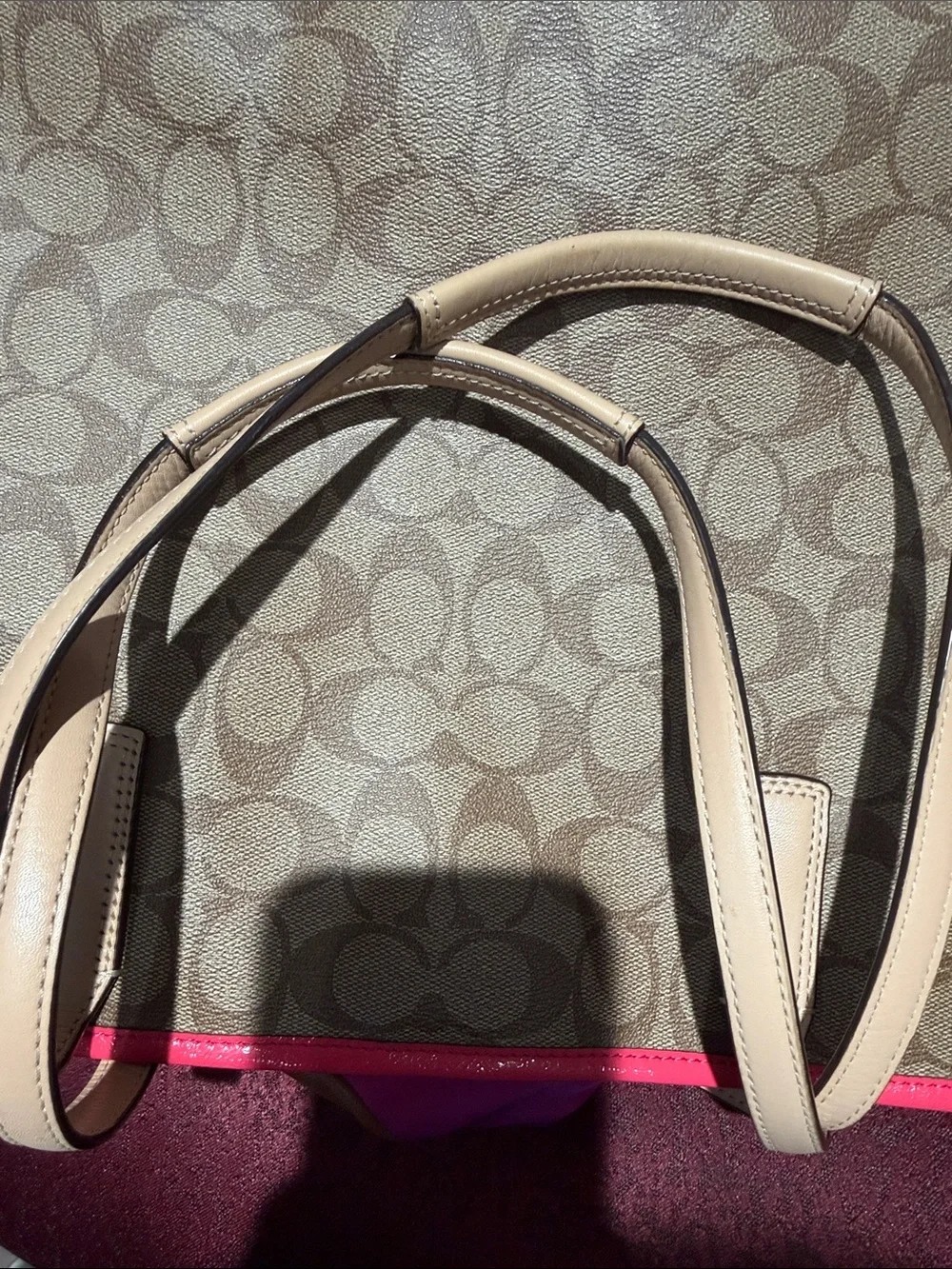 Sold Coach Brown Signature Tote with Pink Stripe